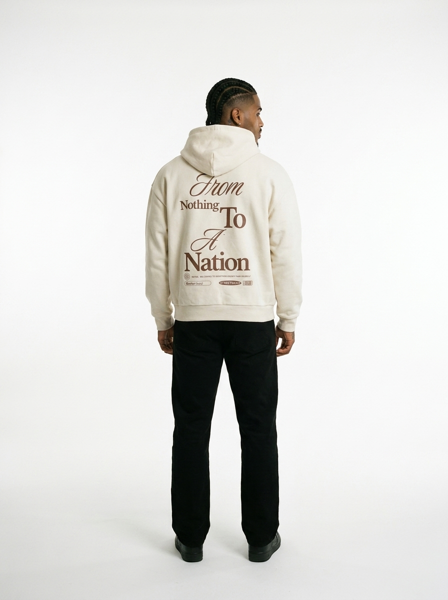 Origin Zip Hoodie - model back view, From Nothing To A Nation print